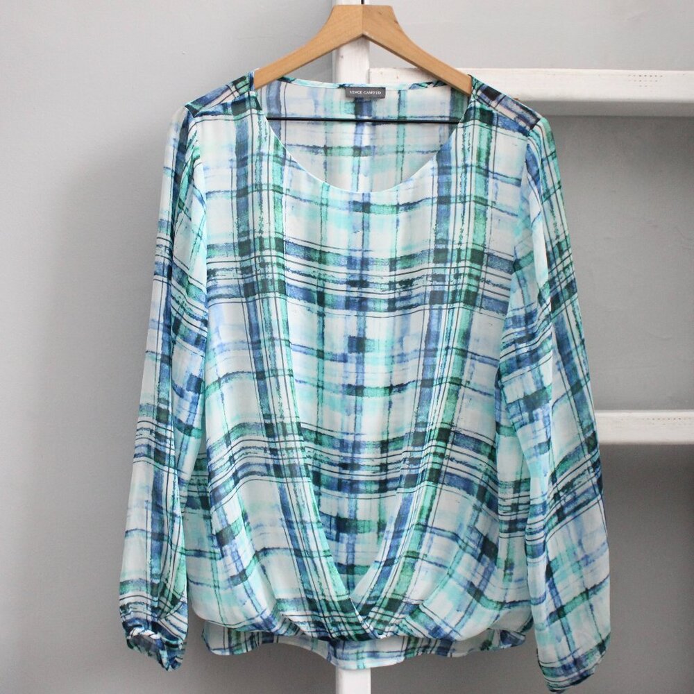 Vince Camuto Blue Green Plaid Foldover Hem Pullover Long Sleeve Top Size XL